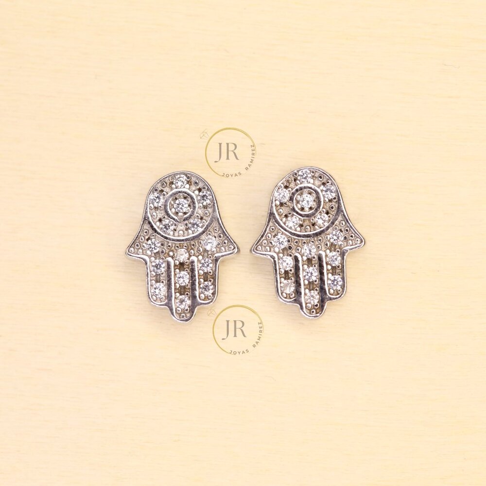 925 Sterling Silver CZ Hamsa Hand of Fatima • Good Luck & Protection Studs.